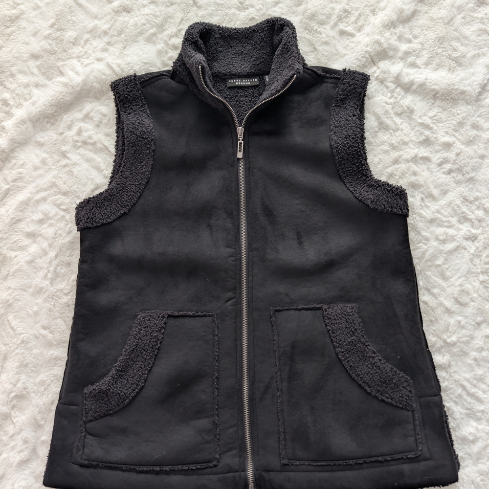 Susan Graver Weekend Faux Suede & Boucle Sherpa Zip Vest XS Black Soft Layer
